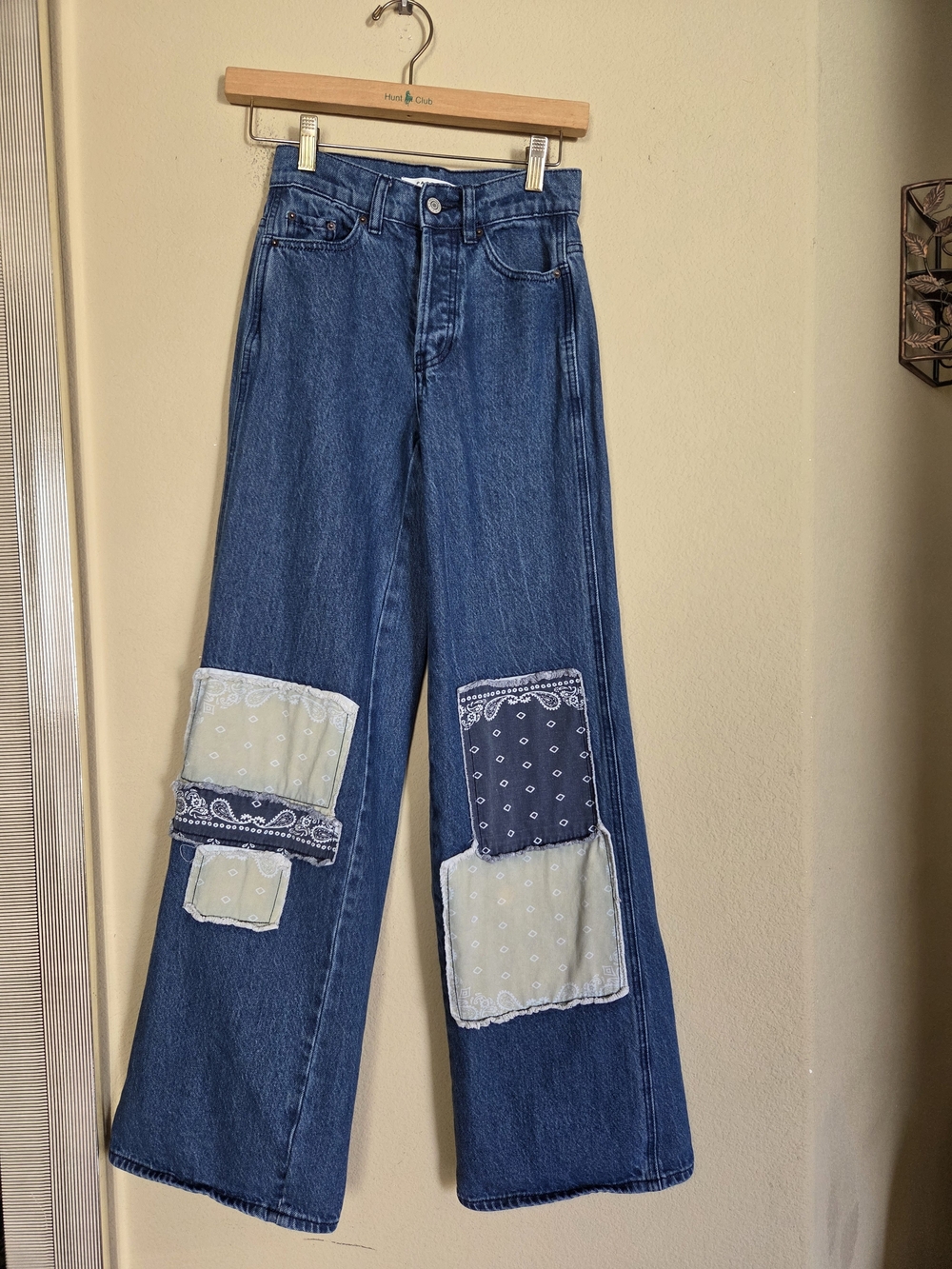 PacSun Blue Denim Wide-Leg Jeans with Bandana Patchwork